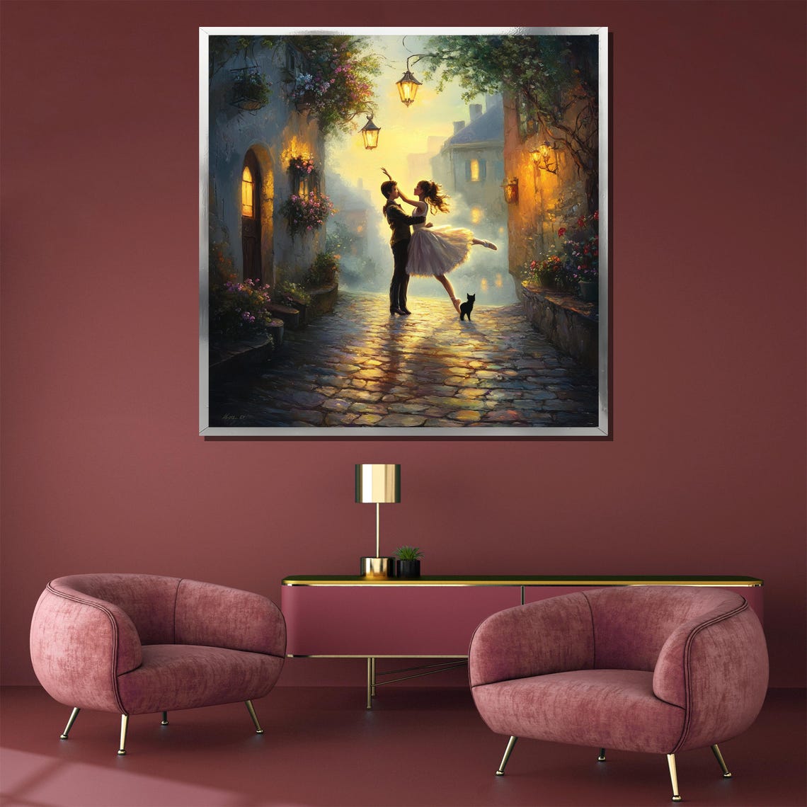 Romantic Street Dance On Cobblestone Lane Lantern Glow Art Poster - Image 4