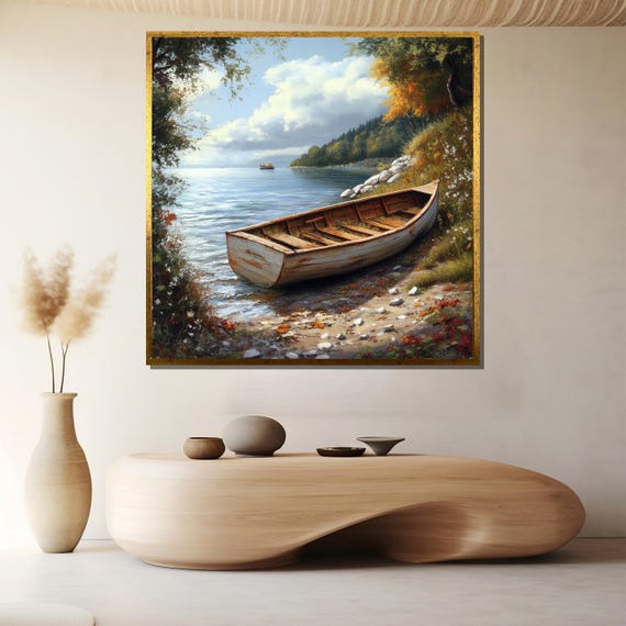 Lakeside Boat Painting Tranquil Water And Forest Wall Art Rustic Home Decor Gift For Relaxing Spaces