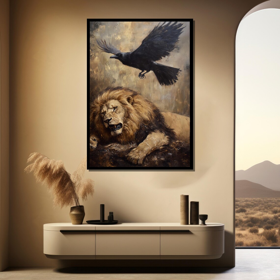 Resting Lion with a Raven Flying Above Moody Wildlife Poster - Image 4