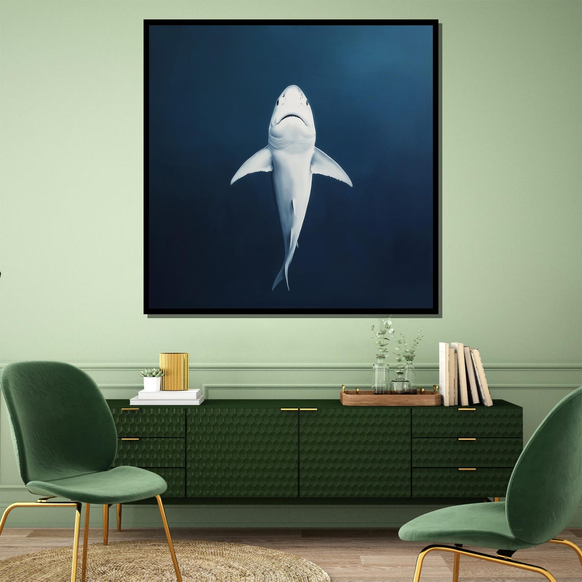 Great White Shark Rising Through Deep Dark Blue Ocean Water Poster - Image 4