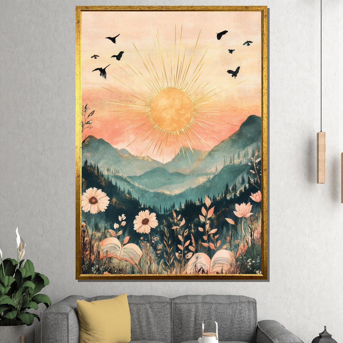 Boho Golden Sun Rising Over Mountains Wildflowers Birds Art Poster