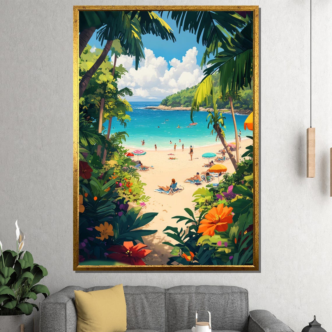 Tropical Beach Cove Lush Palms and Turquoise Waves Scenic Poster
