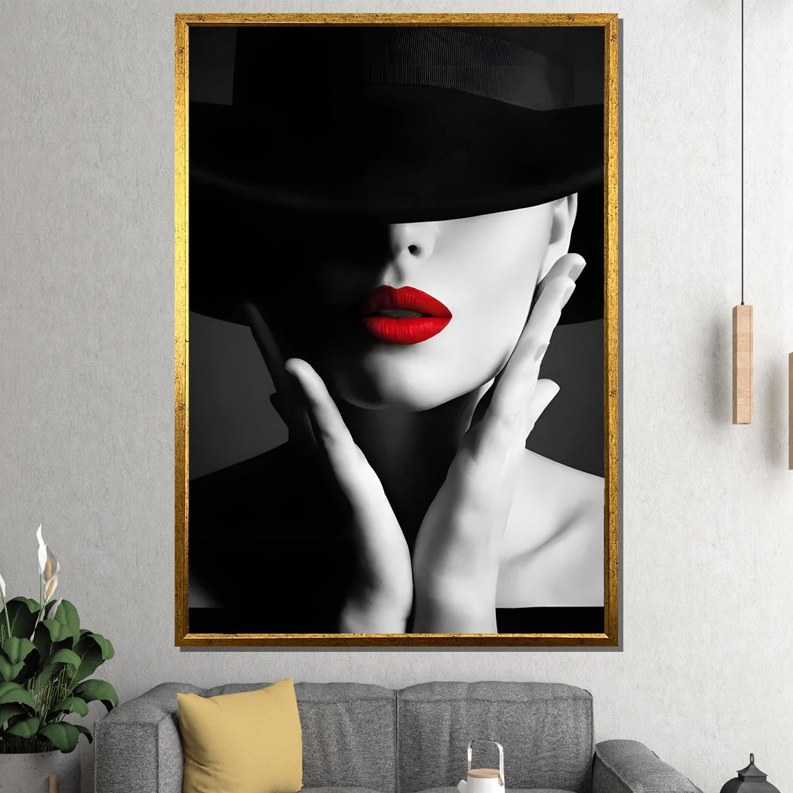 Striking Woman With Red Lips And Black Hat Black White Poster
