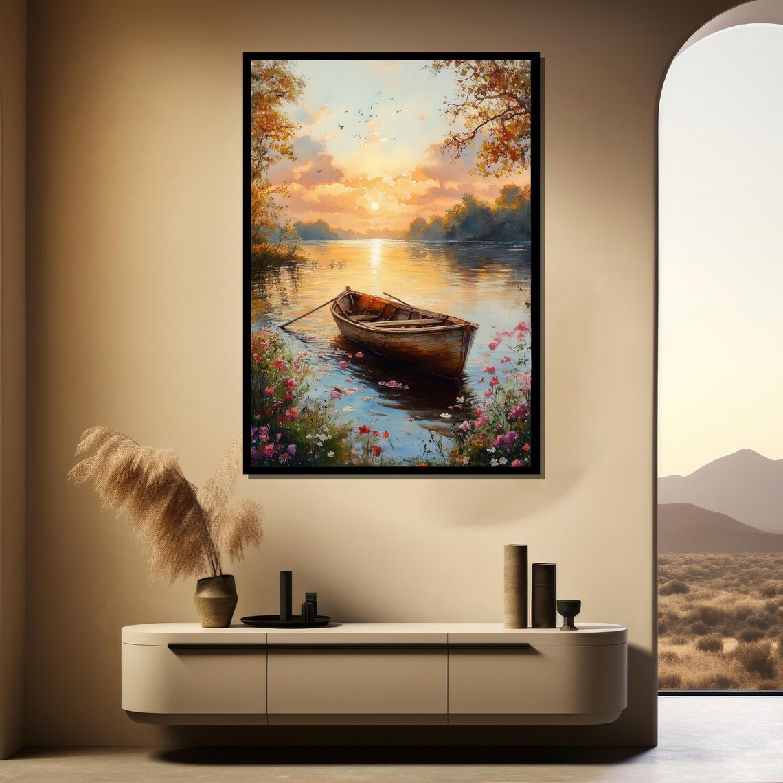 Weathered Wooden Boat Sunset River Floral Banks Scenic Poster - Image 4