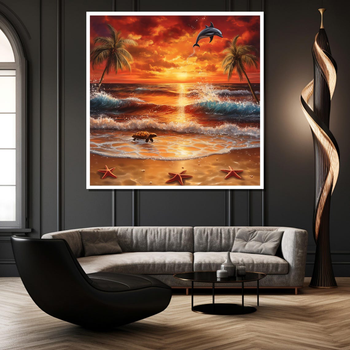 Sunset Beach Dolphin Turtle and Starfish Tropical Scene Poster - Image 3