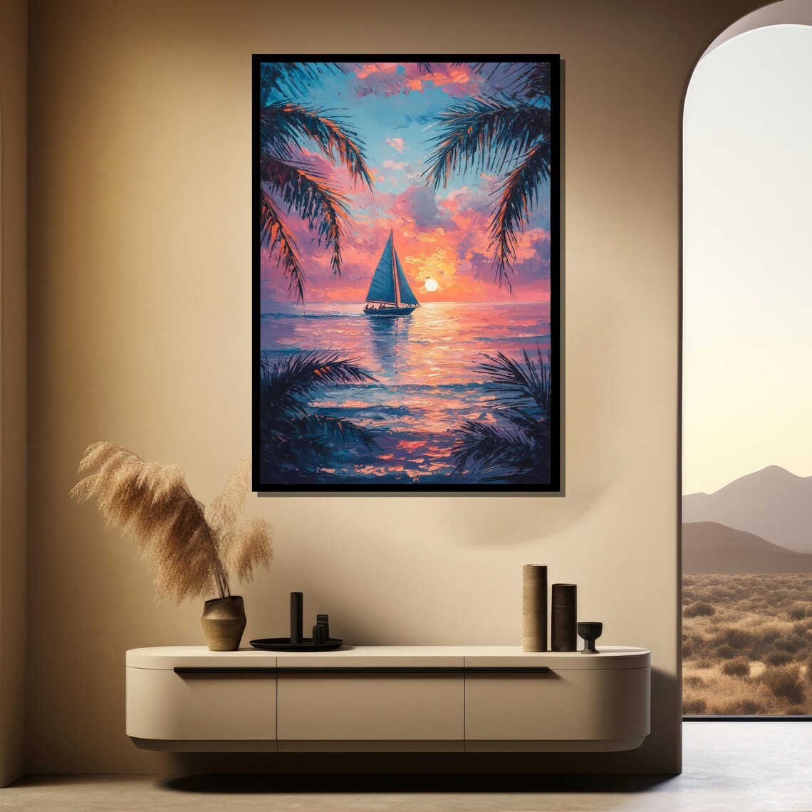 Tropical Sunset Sailboat Framed By Palm Fronds Ocean Art Poster - Image 4