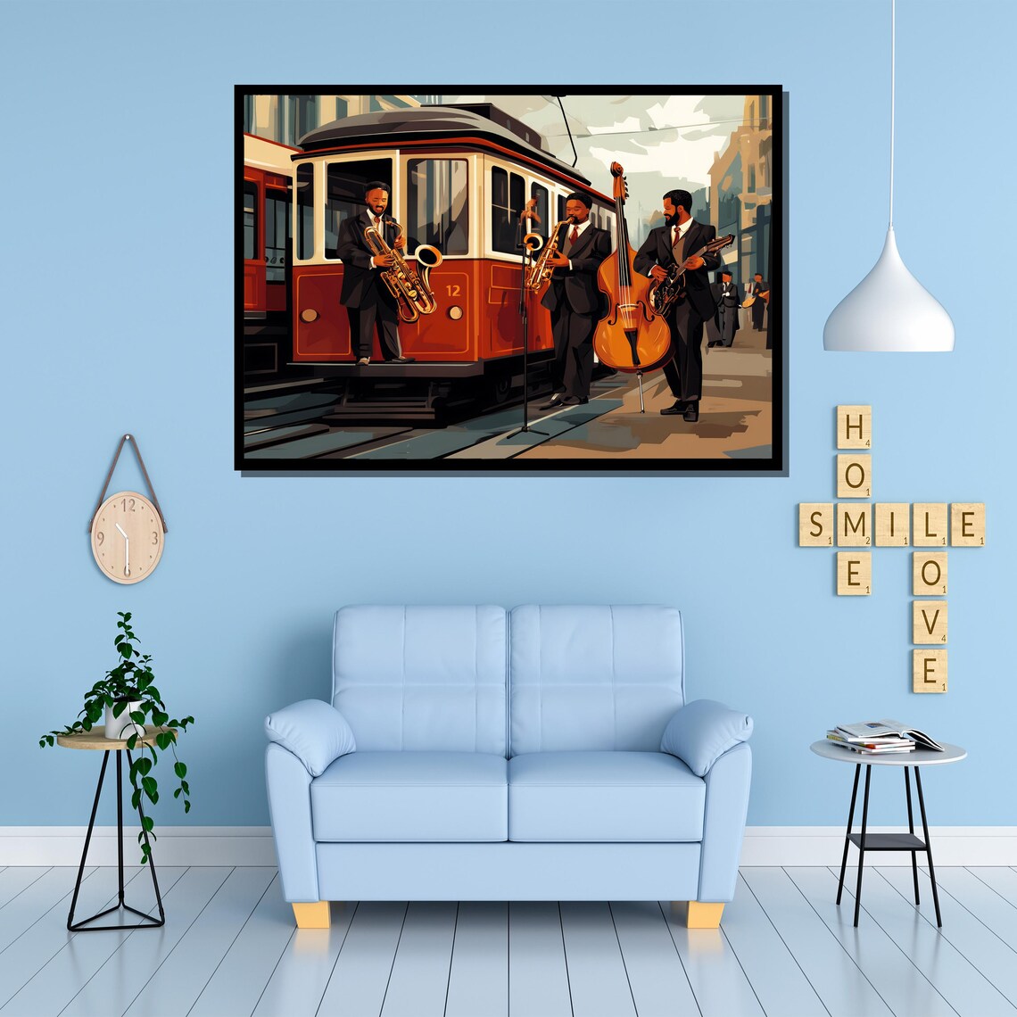 Jazz Trio Street Musicians Vintage Red Tram Retro Wall Poster - Image 4