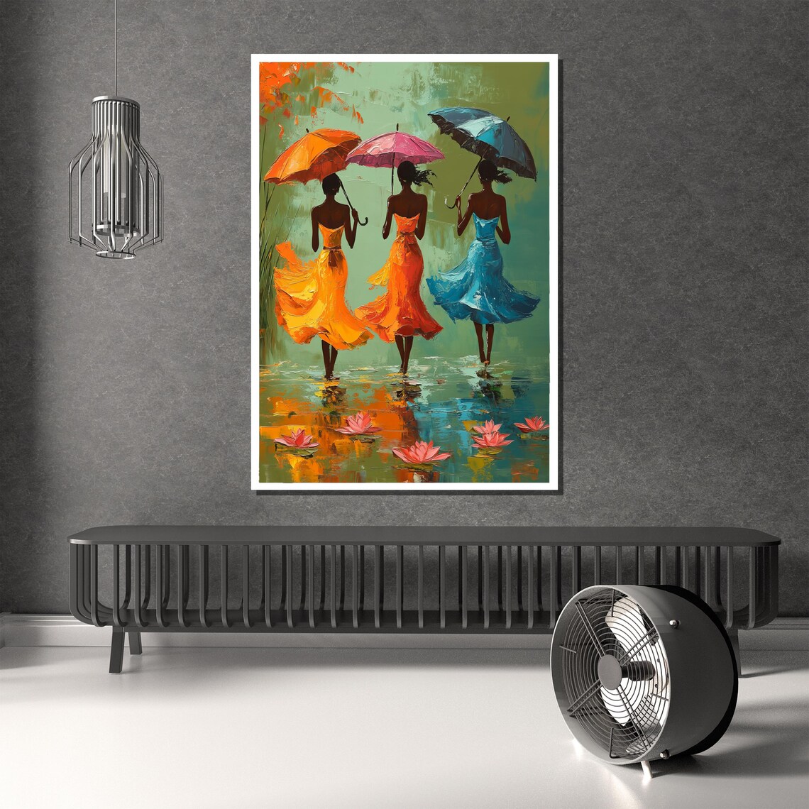Three Women Colorful Umbrellas Rain Lotus Reflections Art Print - Image 3