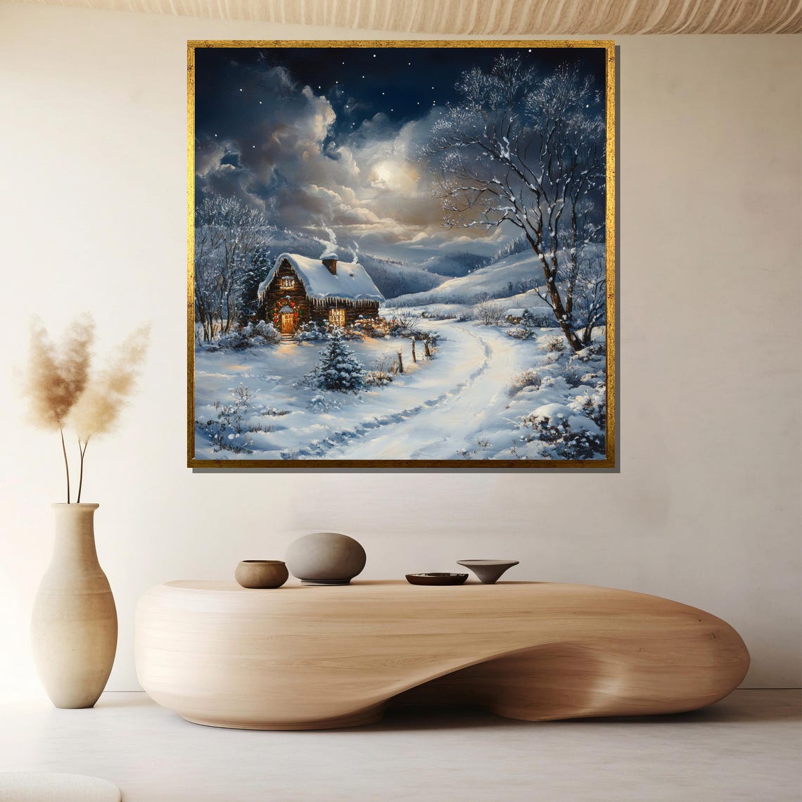 Snowy Cabin Under Moonlight Cozy Winter Night Scene Art Poster