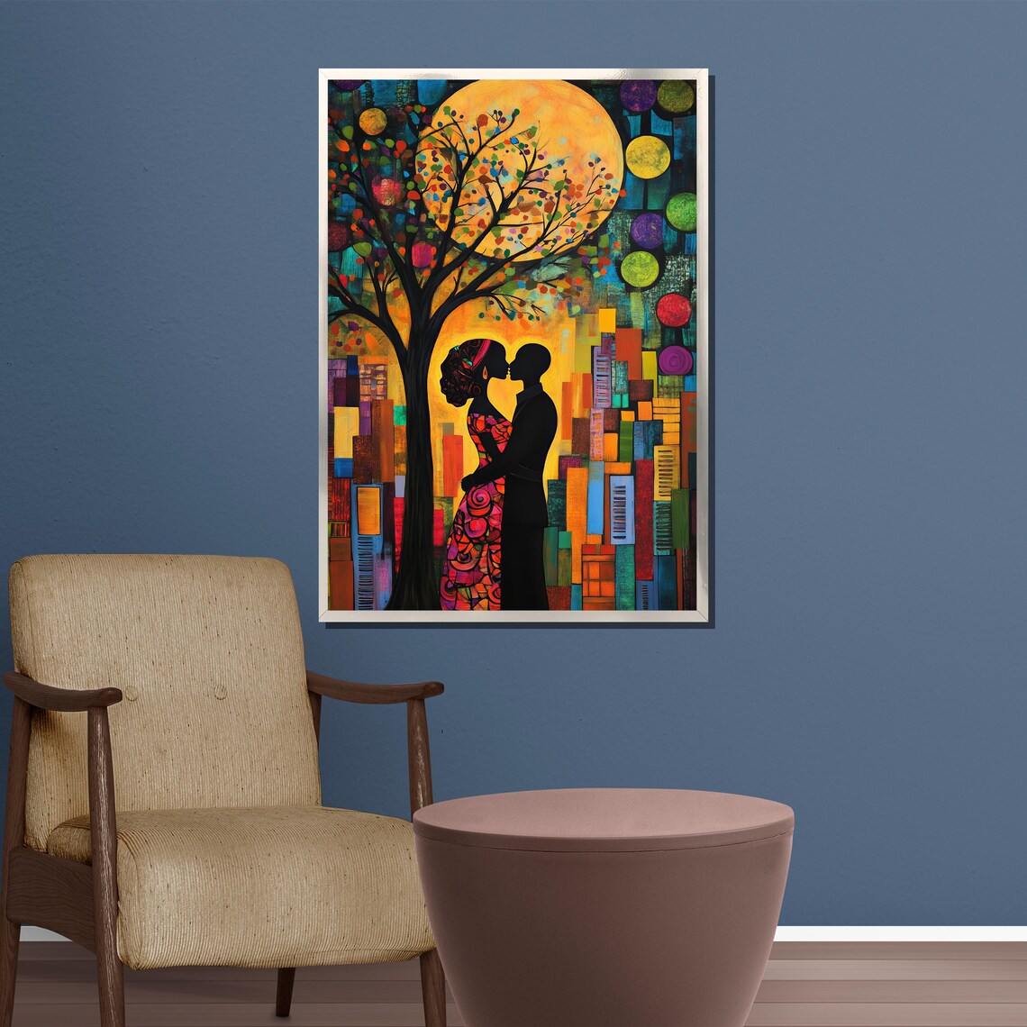 Vibrant Abstract Couple Silhouette Golden Moon Cityscape Poster - Image 5