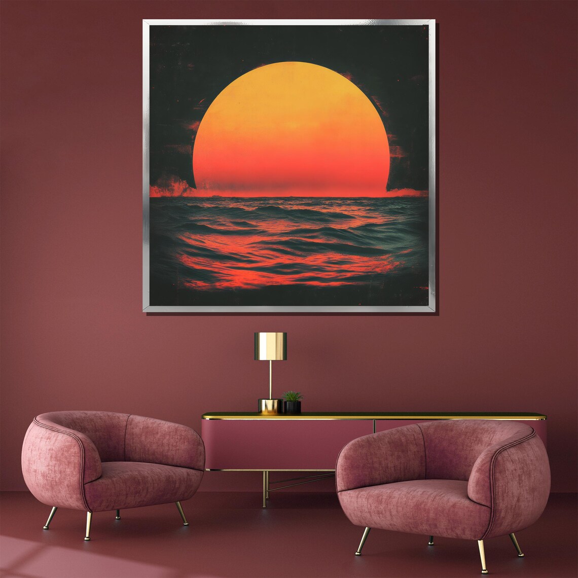 Bold Red Sun Ocean Horizon Abstract Minimalist Sunset Poster - Image 3