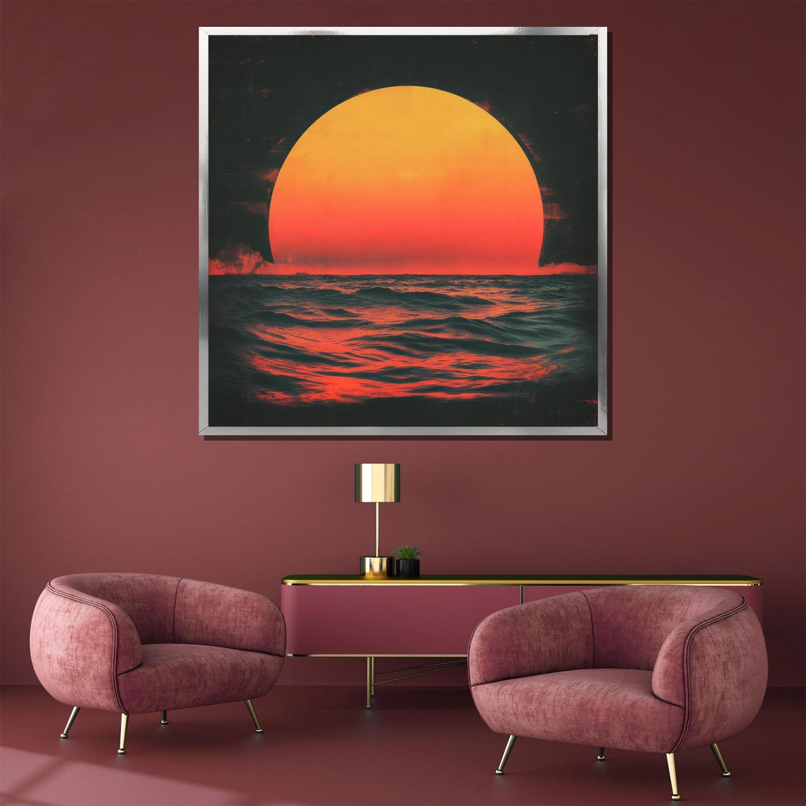 Modern Sunset Ocean Wall Art Abstract Coastal Print Bold Red And Black Design Nautical Home Decor Gift For Art Lovers - Image 3