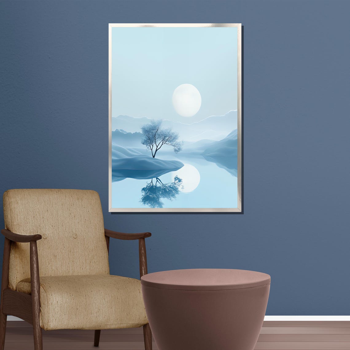 Serene Moonlight Blue Lake Misty Mountains Landscape Art Poster - Image 4