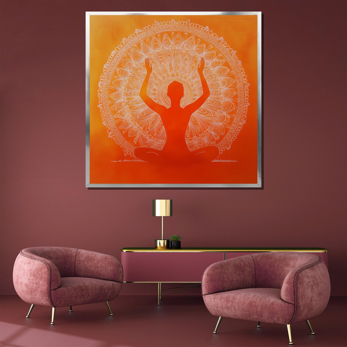 Mandala Silhouette Yoga Painting Vibrant Orange Wall Art And Spiritual Gift For Meditation Yoga And Home Decor - Image 3