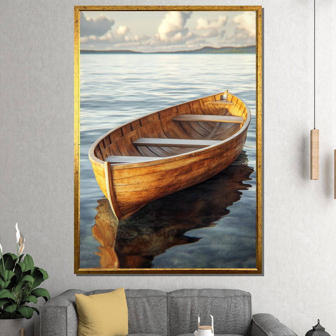 Rustic Rowboat Wall Art Large Framed Print Serene Lake Artwork Coastal Decor Nautical Gift Idea Tranquil Home Accent