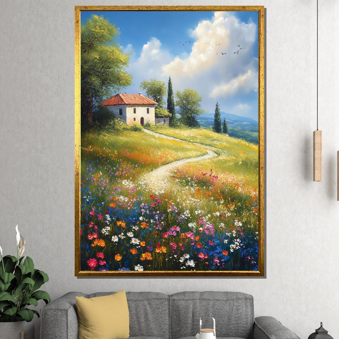 Countryside Cottage Wildflower Meadow and Winding Path Poster