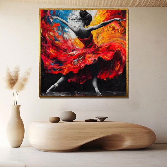 Fiery Dancer in Swirling Red Gown Bold Expressionist Brushwork Poster