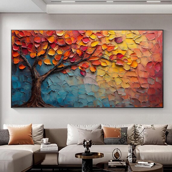 Large Original Tree Of Life Oil Painting On Abstract Textured Orange Tree Wall Art Boho Custom Wall Dcor Living Room Wall Decor