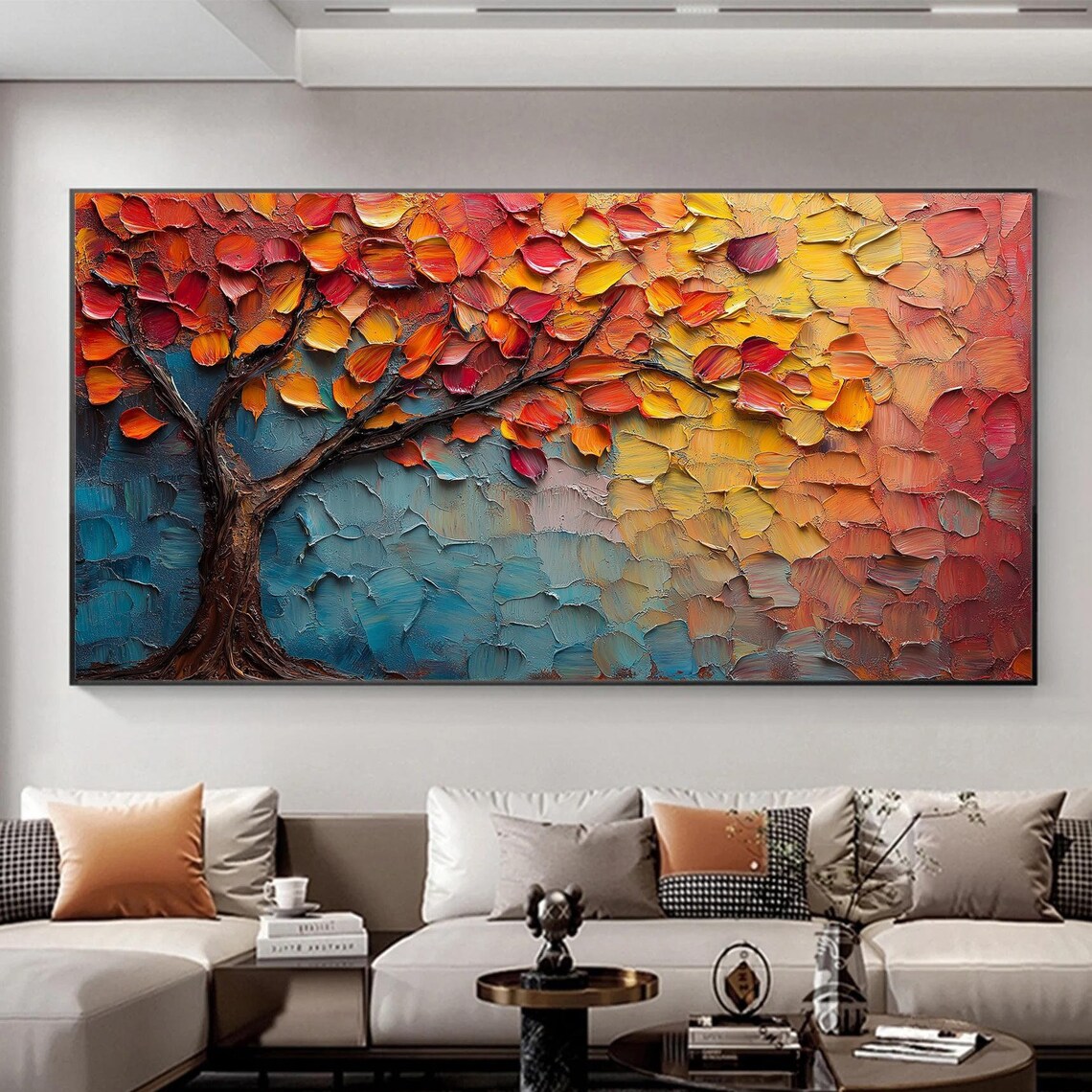 Large Original Tree Of Life Oil Painting On Abstract Textured Orange Tree Wall Art Boho Custom Wall Dcor Living Room Wall Decor