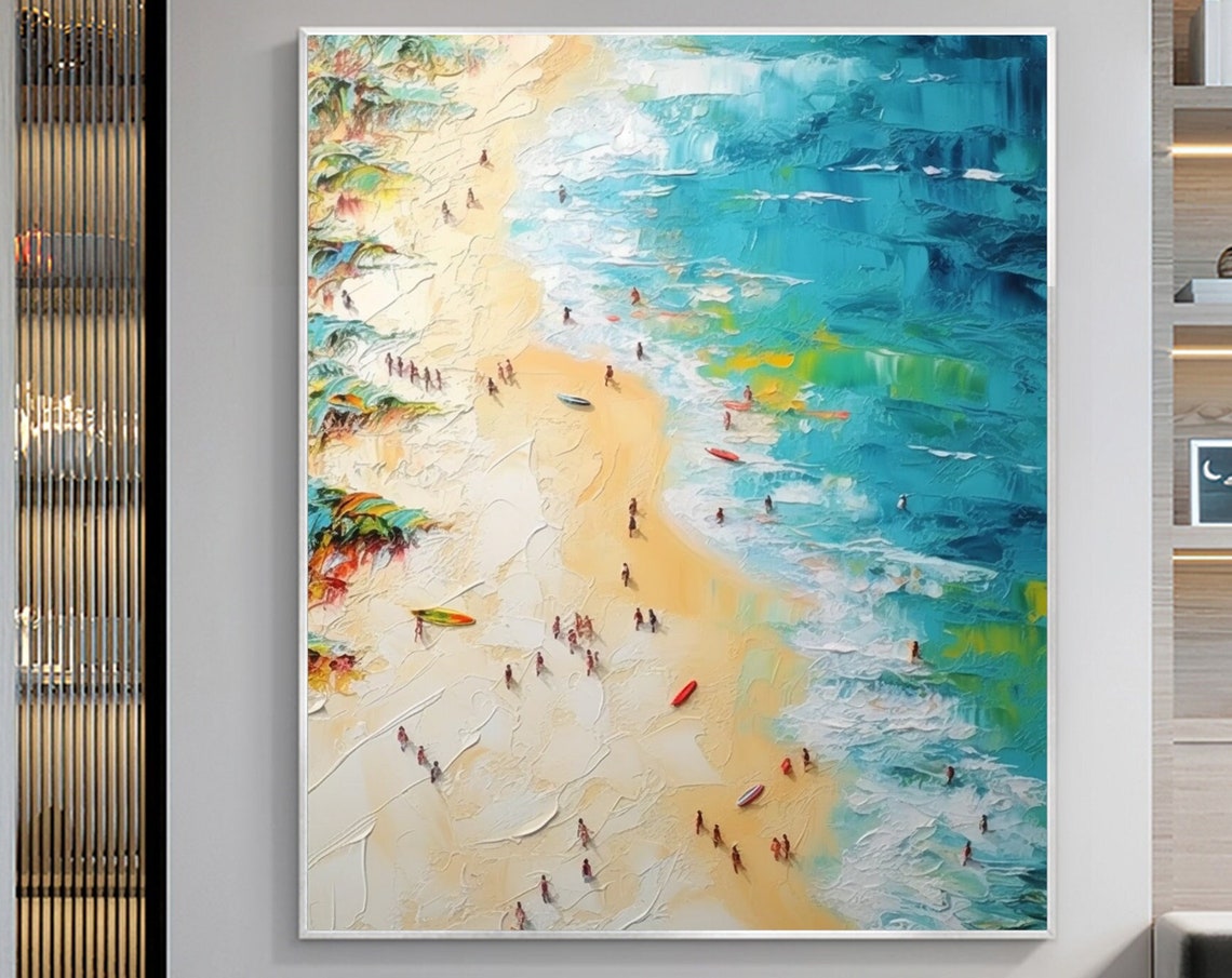Aerial Beach Scene Tiny People Turquoise Sea Summer Art Poster