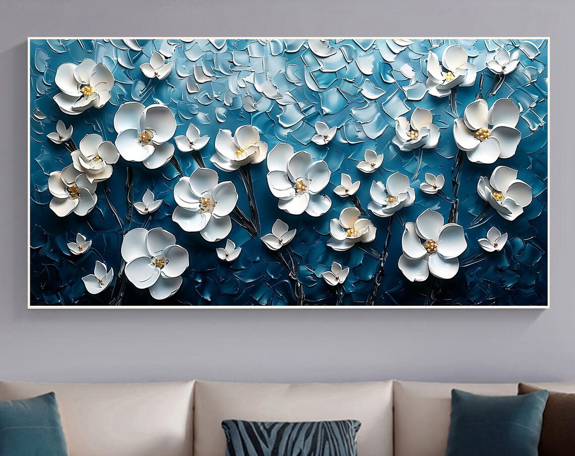 White Blossoms on Navy Blue 3D Textured Floral Oil Painting Poster