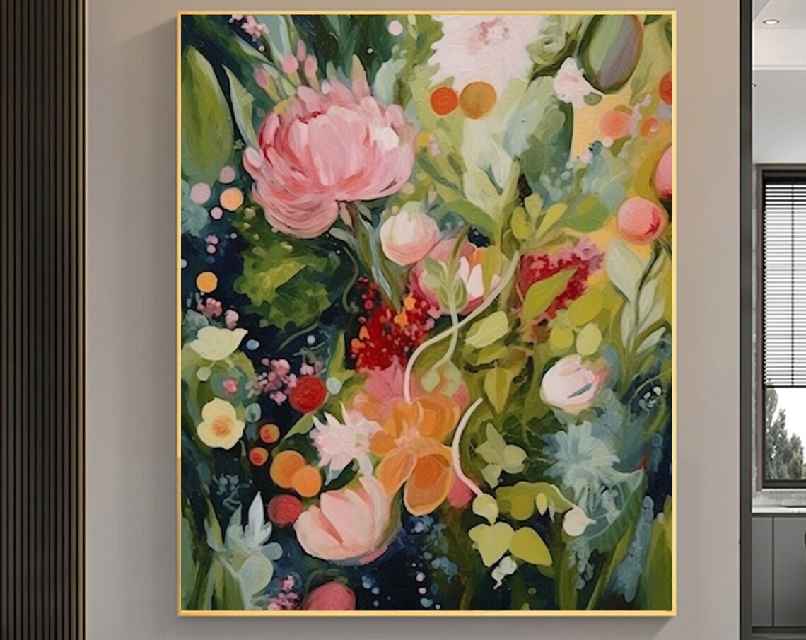 Green Flower Oil Painting, Boho Floral Art Print