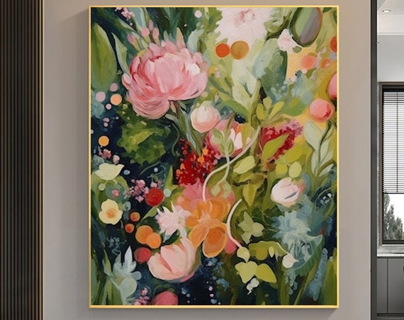Green Flower Oil Painting, Boho Floral Art Print