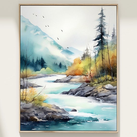 Mountain River Watercolor Neutral Wall Art Panoramic Landscape Minimalist Wall Art Mountains Painting Nature Art Print