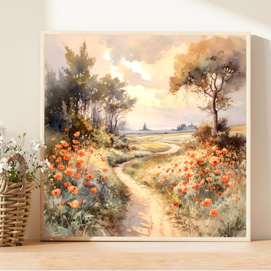 Poppy Dirt Road Countryside Sunset Watercolor Art Scene Poster - Image 2