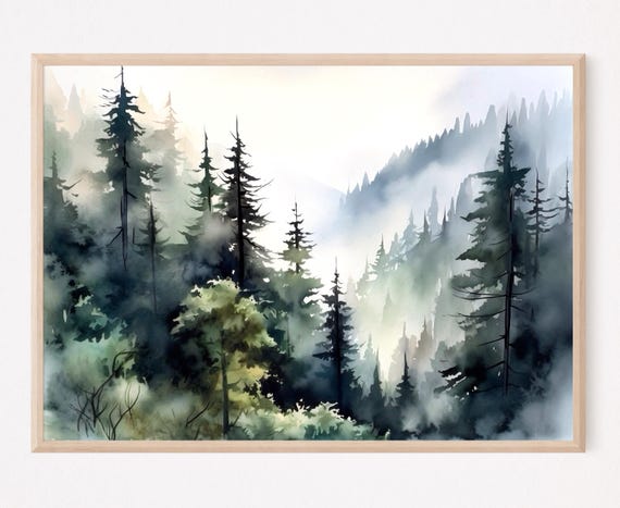 Foggy Pine Forest Watercolor Painting Art Print