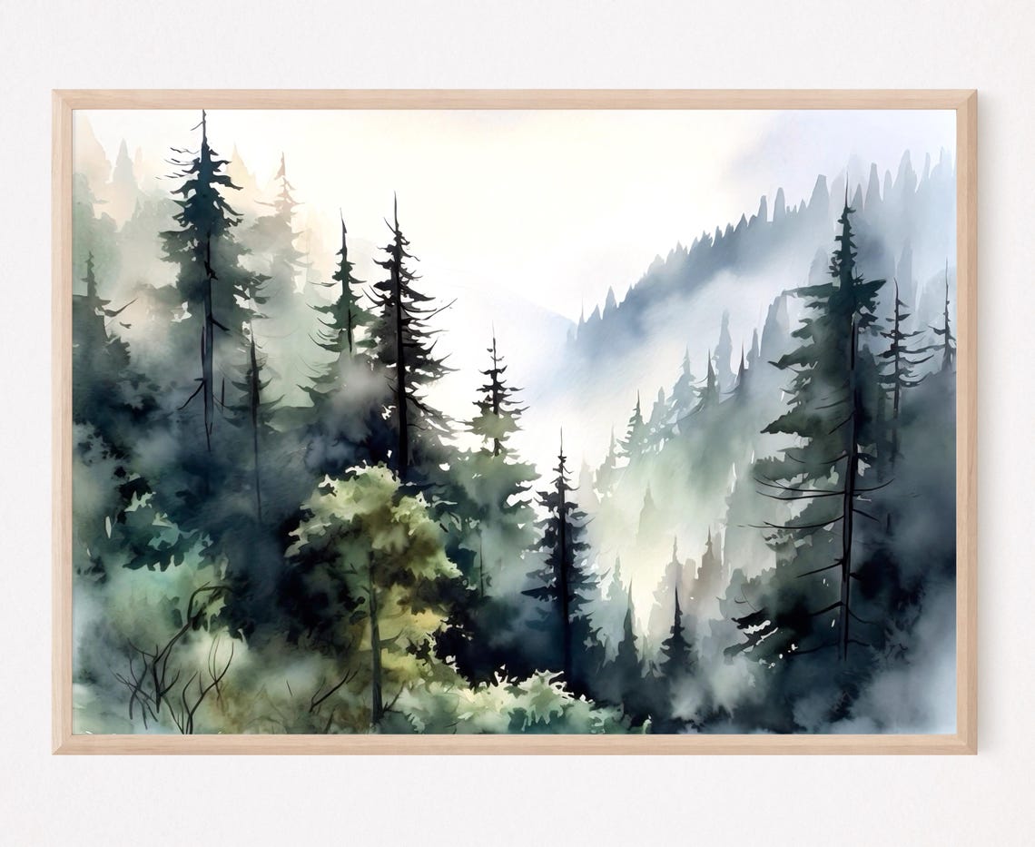 Foggy Pine Forest Watercolor Painting Art Print