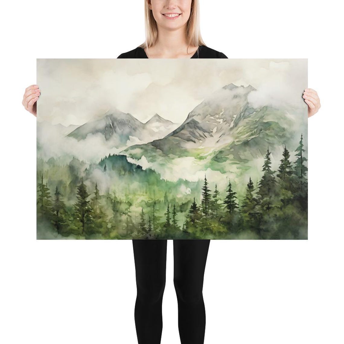 Foggy Mountain Forest Green Mist Watercolor Nature Art Poster - Image 5