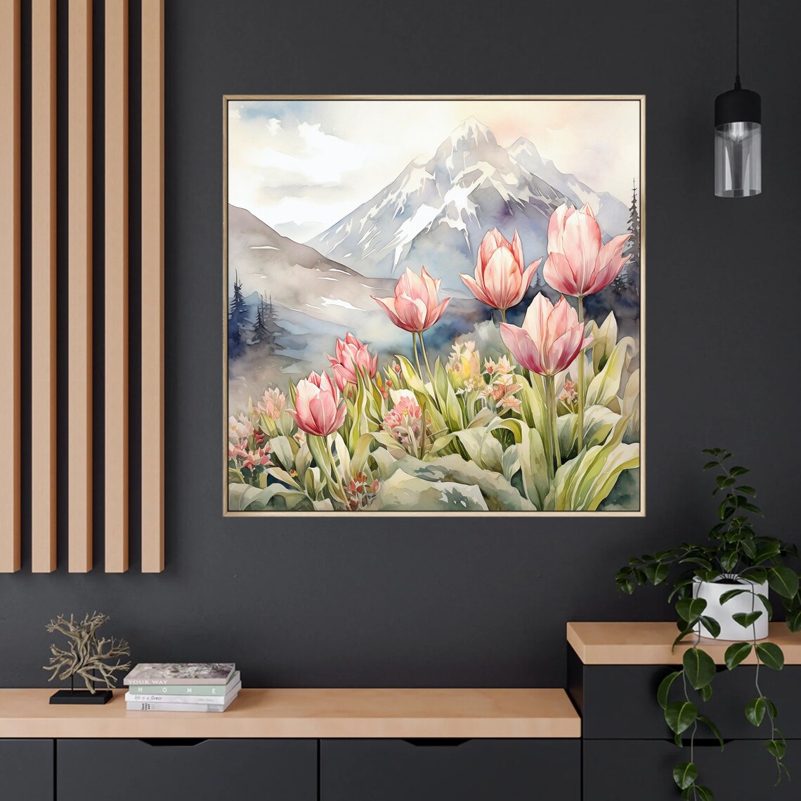 Tulips Flowers Alaska Mountain Landscape Watercolor Art Print - Image 4