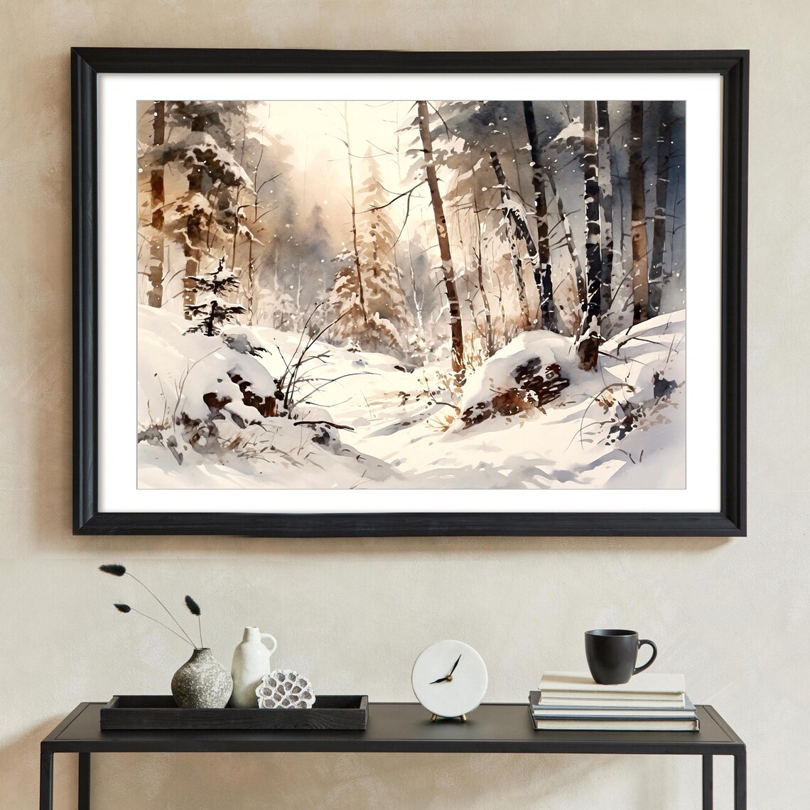 Sunlit Snowy Birch Pine Forest Winter Glow Watercolor Woodland Poster - Image 5