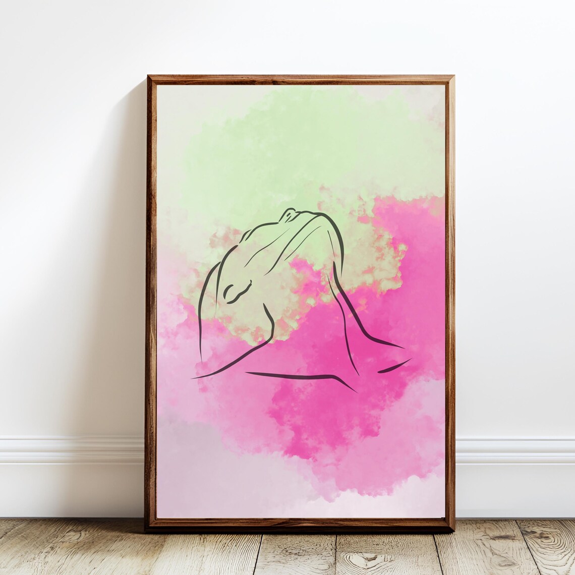 Abstract Line Drawing Woman Torso Pink Green Watercolor Minimalist Wall Art