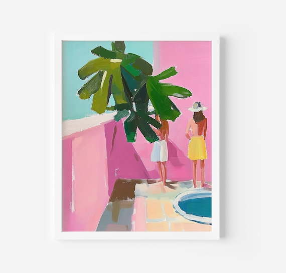 Two Girls By A Pink Pool With Palm Trees Summer Vacation Poster