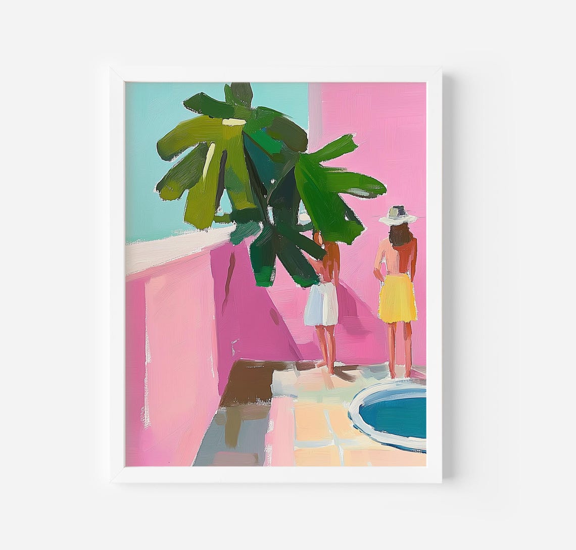 Two Girls By A Pink Pool With Palm Trees Summer Vacation Poster