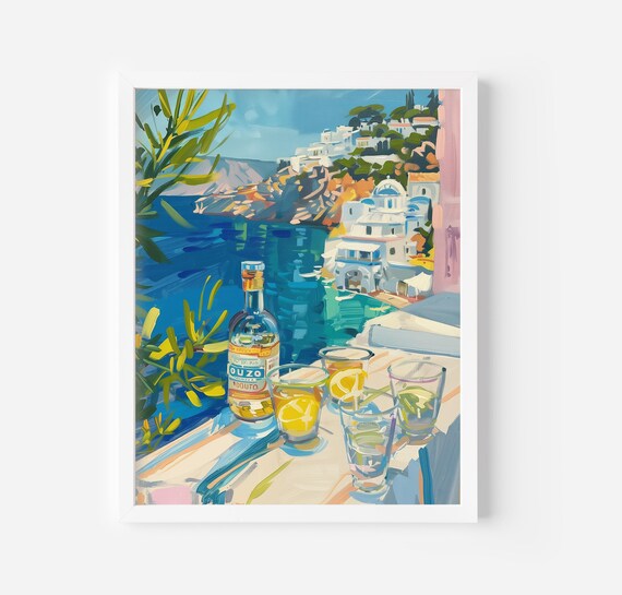 Ouzo Bottle And Glasses Greek Island Seaside Painting Poster