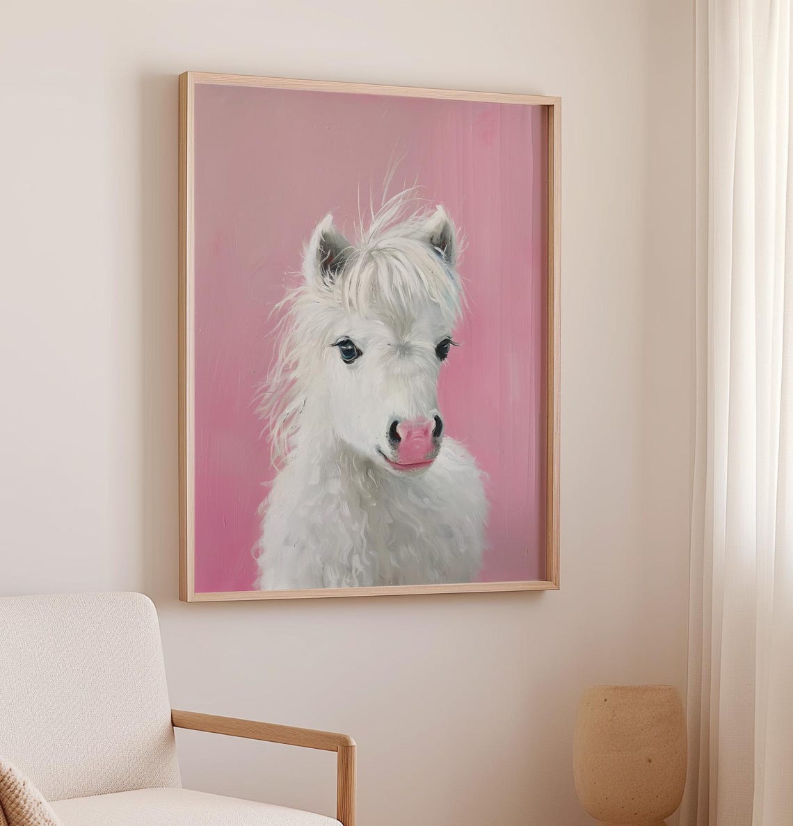 Fluffy White Pony Portrait On Pink Background Farmhouse Poster - Image 2