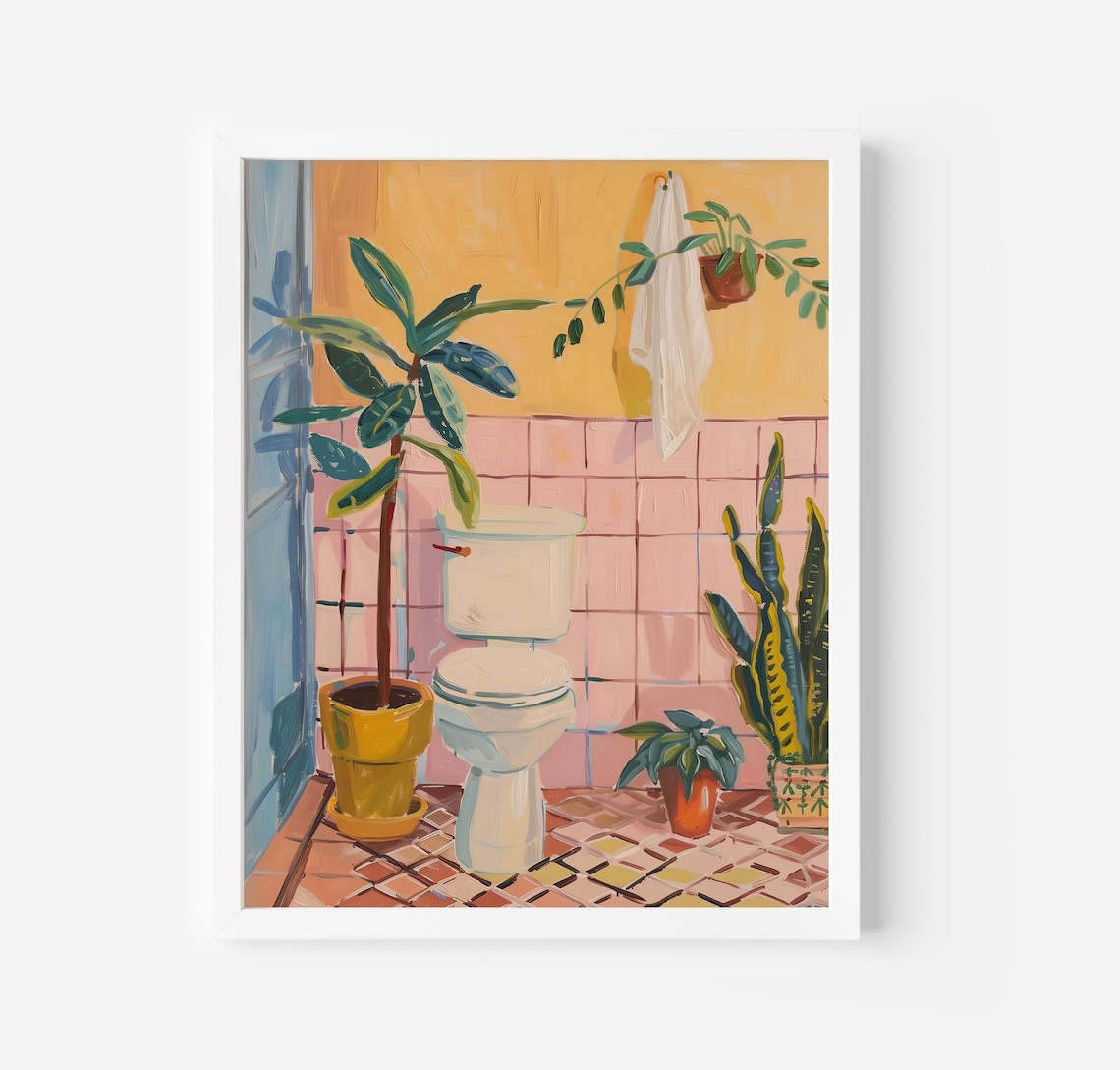 Boho Bathroom Toilet With Houseplants Pink Tiles Fun Art Poster