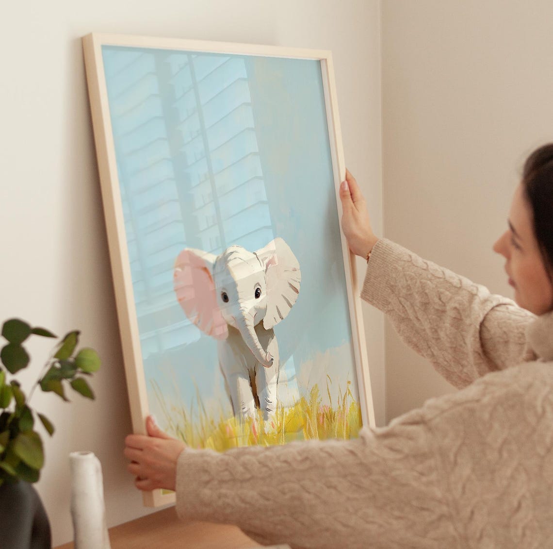 Cute Baby Elephant Walking In Golden Grass Pastel Art Poster - Image 3