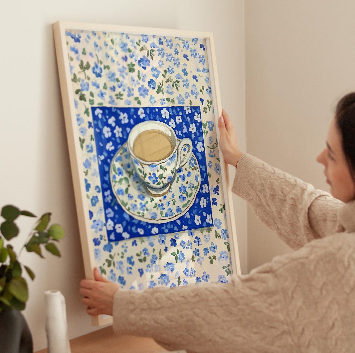Floral Teacup on Blue Floral Tablecloth Top Down Tea Lover Art Poster - Image 3