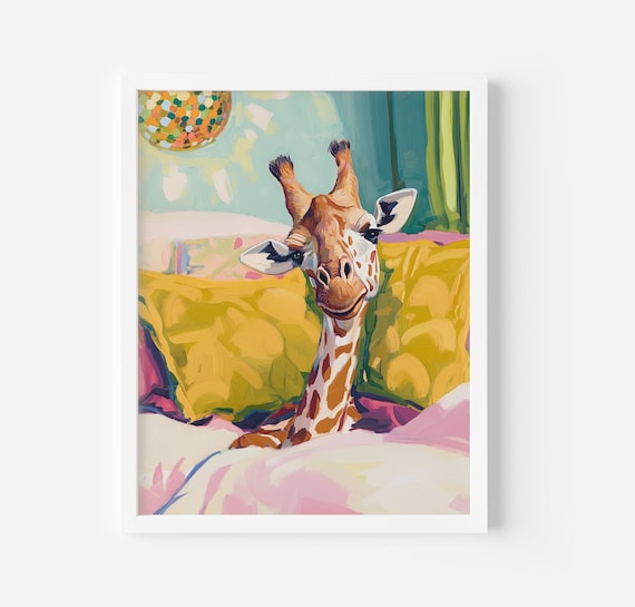 Curious Giraffe Peeking Over Colorful Pillows Disco Ball Bedroom Art Poster