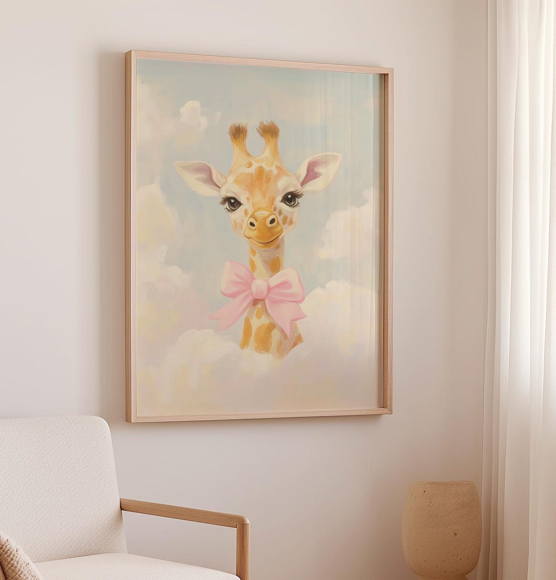 Cute Baby Giraffe With Pink Bow Pastel Clouds Nursery Art Poster - Image 2