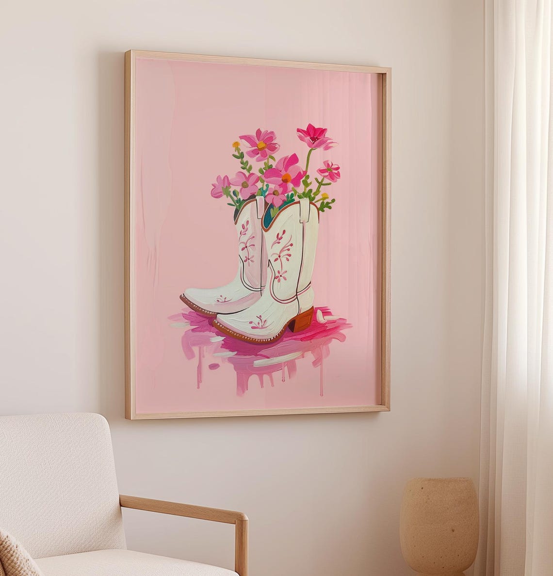 White Cowboy Boots With Pink Flowers Boho Western Cowgirl Art Poster - Image 2