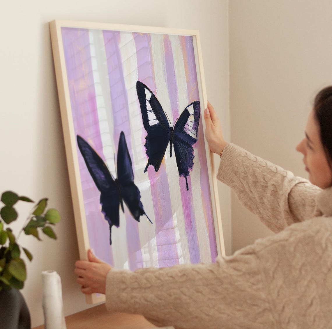 Two Elegant Black Butterflies On Lavender Stripes Art Poster - Image 3