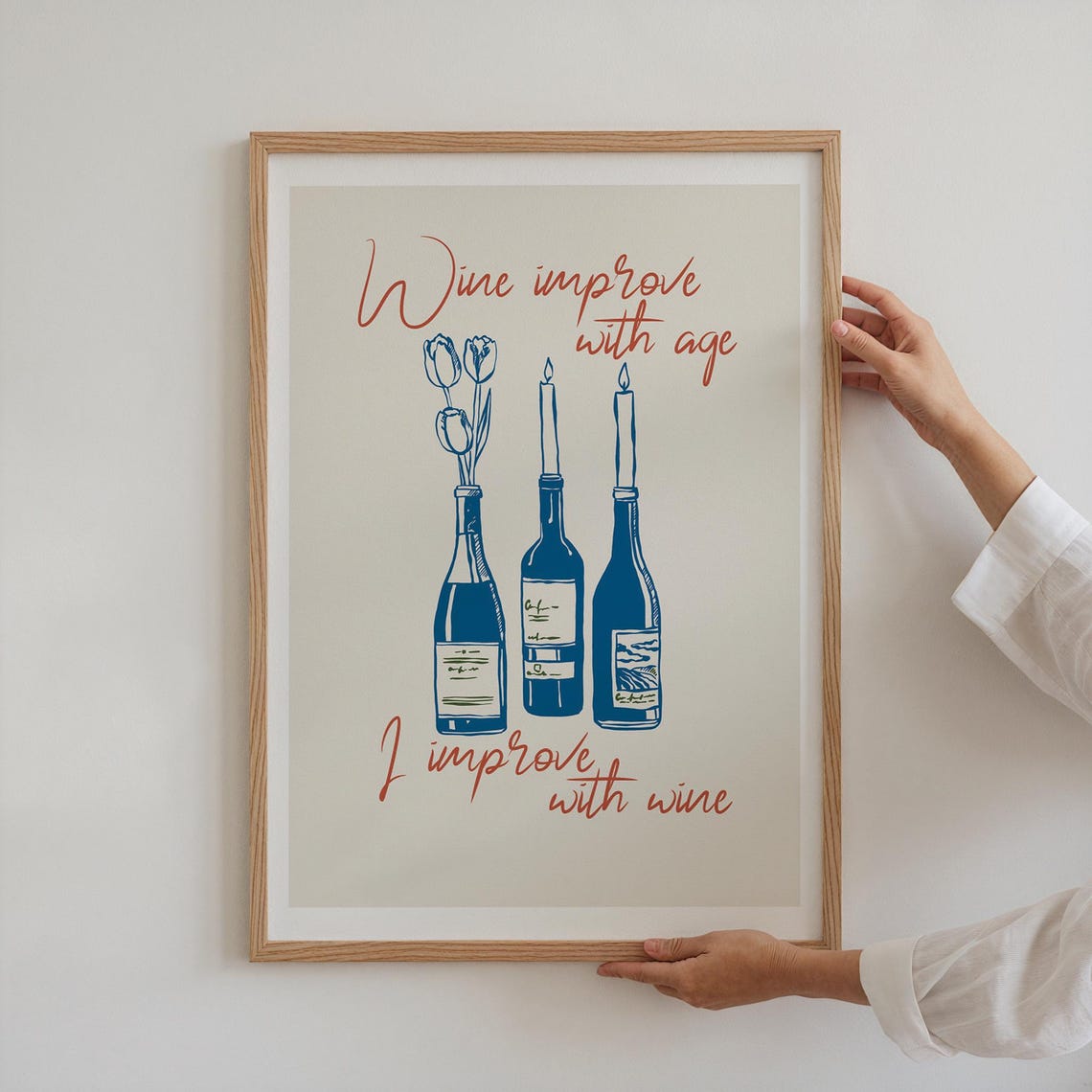 Wine Improve With Age Poster Funny Blue Wine Bottles Tulip Kitchen Art