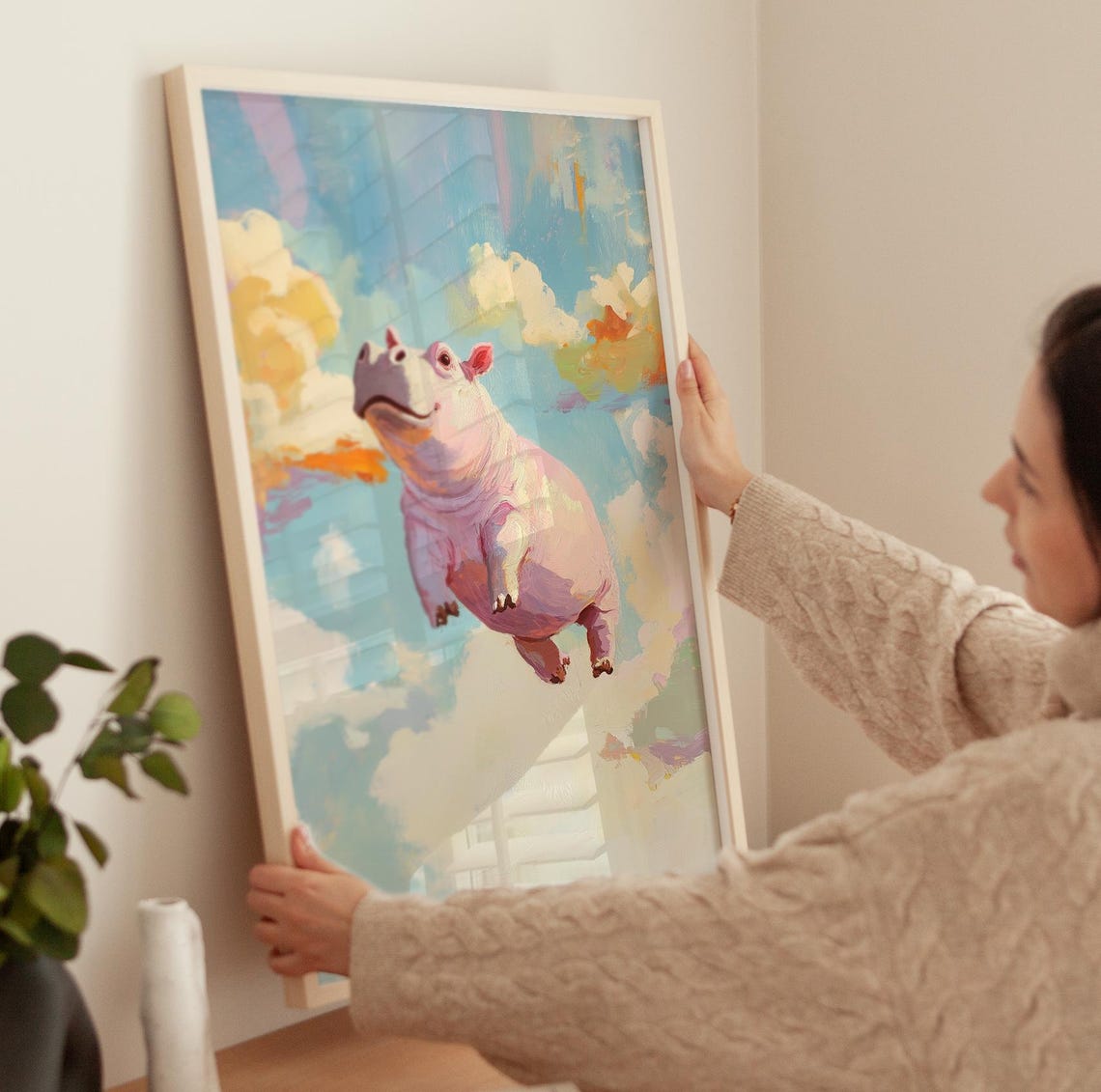 Flying Pink Hippo Soaring Through Clouds Whimsical Sky Poster - Image 3