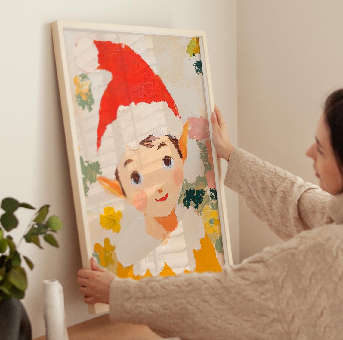 Cheerful Christmas Elf In Santa Hat Floral Oil Painting Poster - Image 2