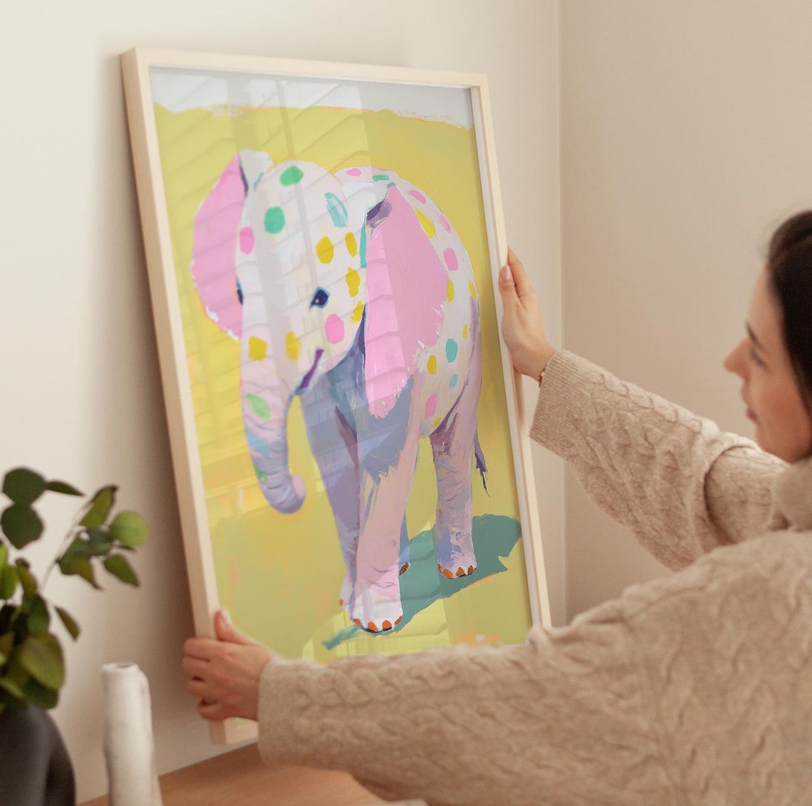 Cute Colorful Spotted Baby Elephant Pink Ears Nursery Art Poster - Image 3